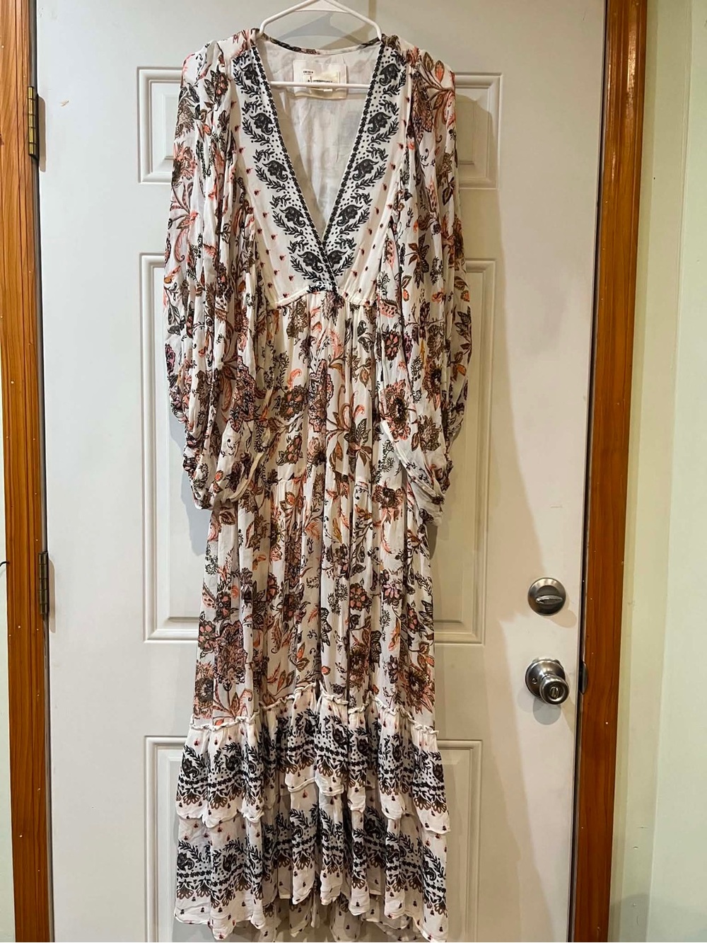Anthropologie Bohemian Floral V-Neck Maxi Dress in Cream and Brown Size Small